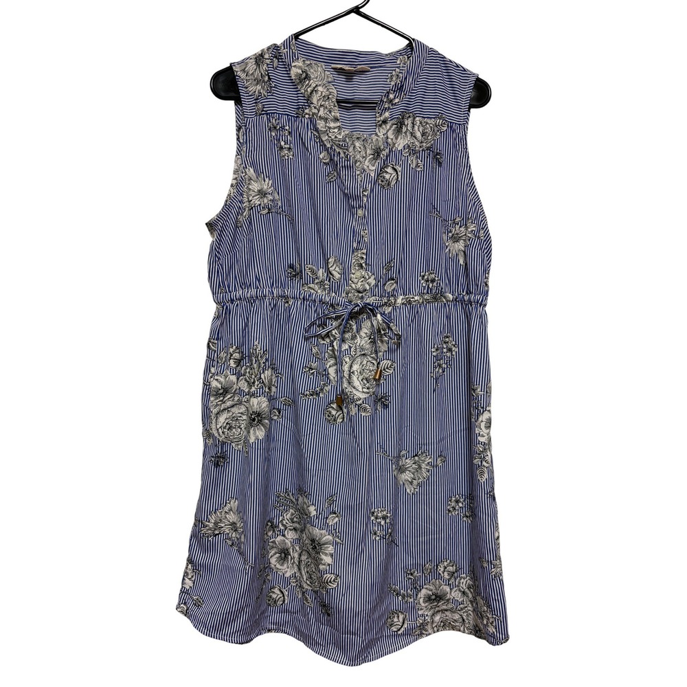 Hint of Blush Floral Striped Sleeveless Dress XL Blue White Boho Cottagecore